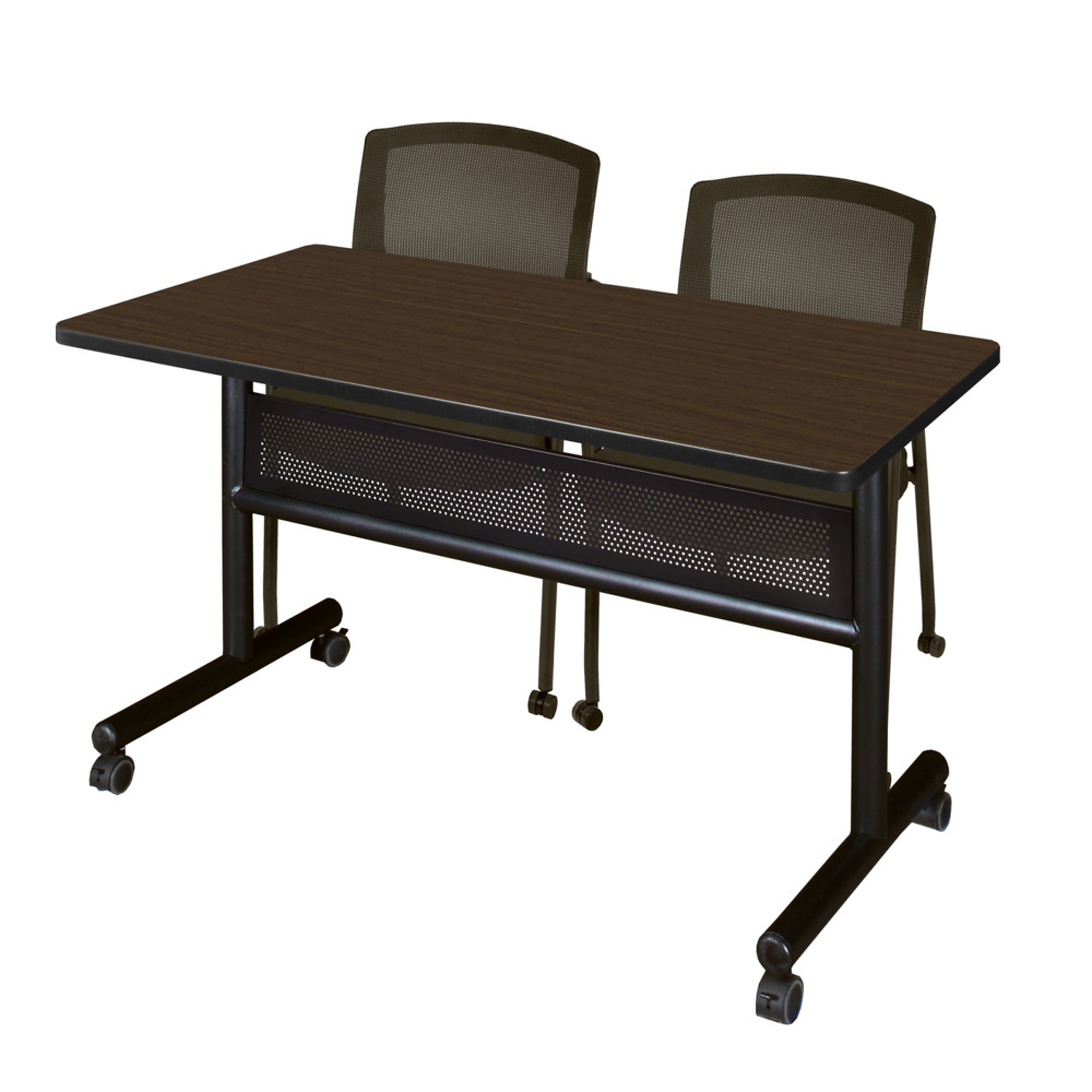 Regency Kobe Flip-Top Training Nesting Table with Modesty Panel and 2 Knight Mesh Chairs — 48in. x 24in., Neo Walnut, Model# MKFTM4824NW56CBK
